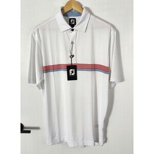 Footjoy Mens Golf Polo Size Medium Shirt Lisle Stripe Grey White Self Collar New